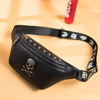 Black Leather Skull Design Bumbag