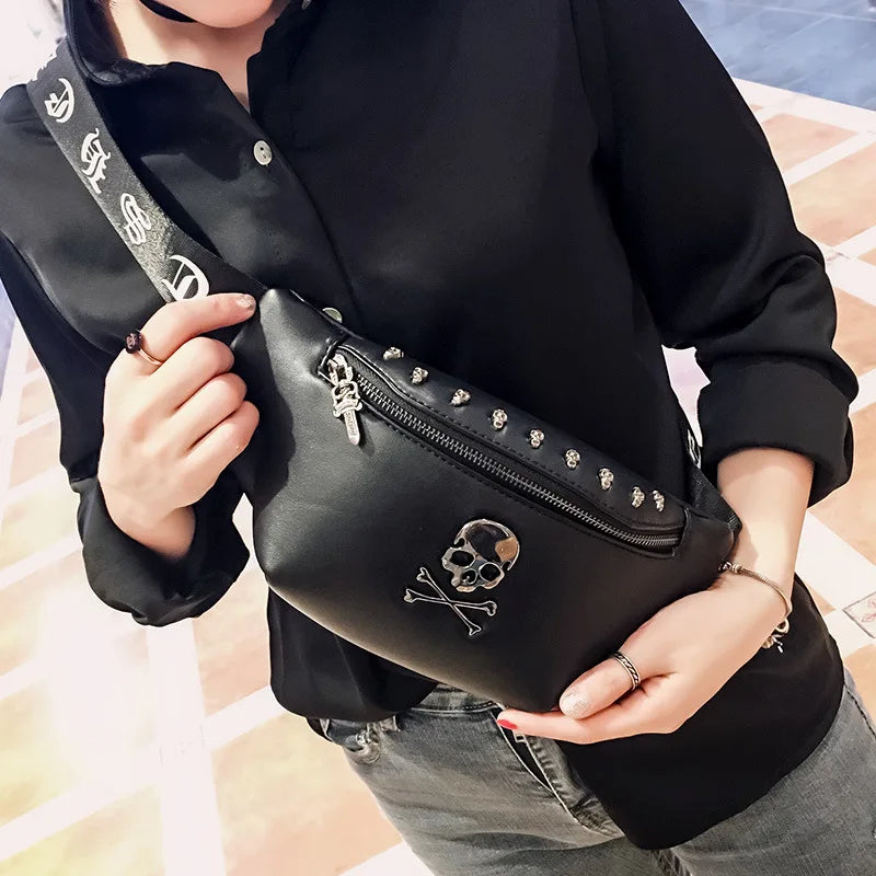 Black Leather Skull Design Bumbag