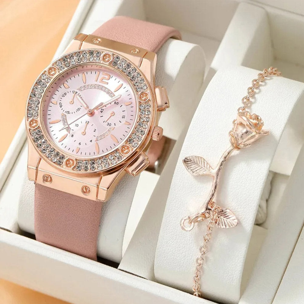 2PCs Luxury Rhinestone Watch Set