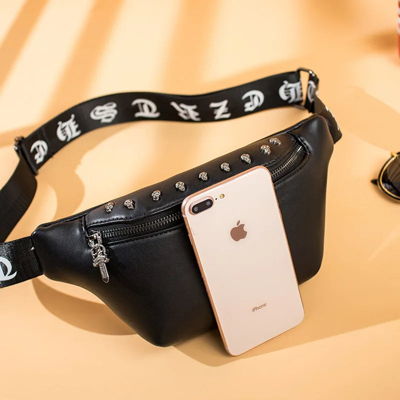 Black Leather Skull Design Bumbag