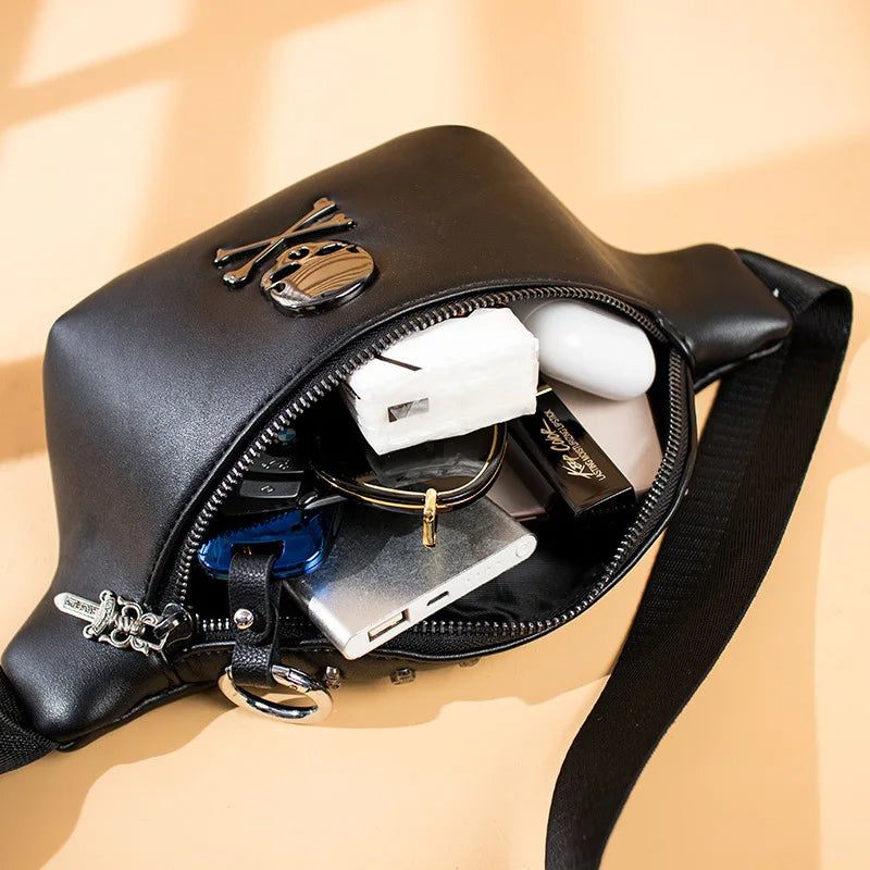 Black Leather Skull Design Bumbag